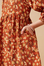 Rust Floral Printed Corduroy Pleated Sleeve Dress