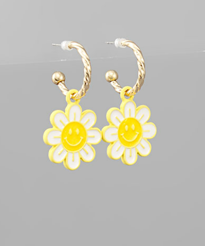 Smile Flower Dangle Earrings - Yellow