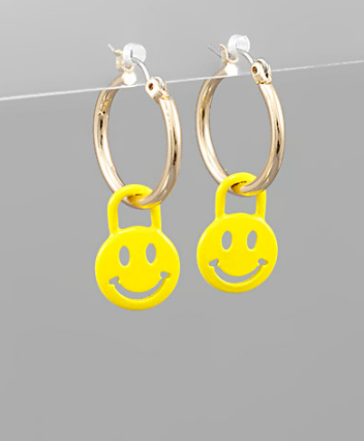 Smile Face Lock Dangle Hoops - Yellow