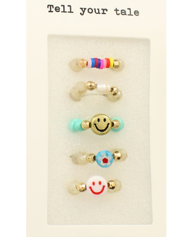 Smile Face & Bead Ring Set - Multi/Ivory