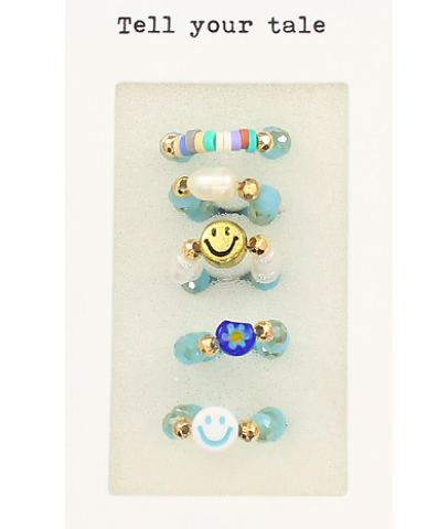 Smile Face & Bead Ring Set - Turquoise