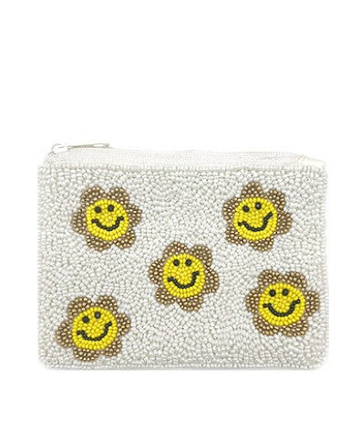 Smiley Flower Beaded Coin Purse - Black and White