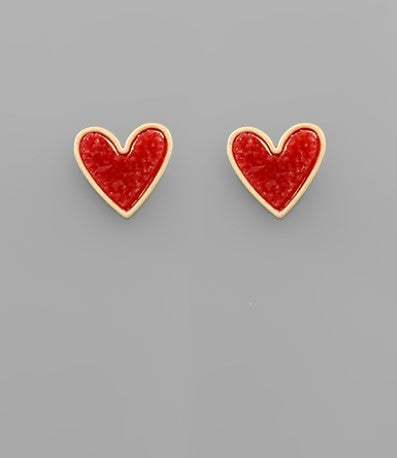 Druzy Heart Earrings - Red
