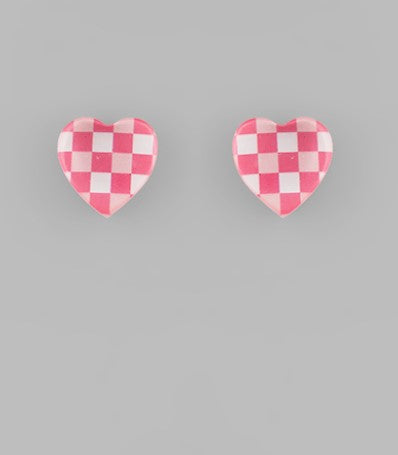 Checkered Heart Studs - Pink