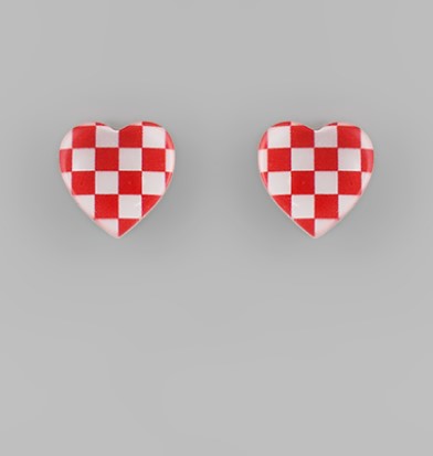 Checkered Heart Studs - Red