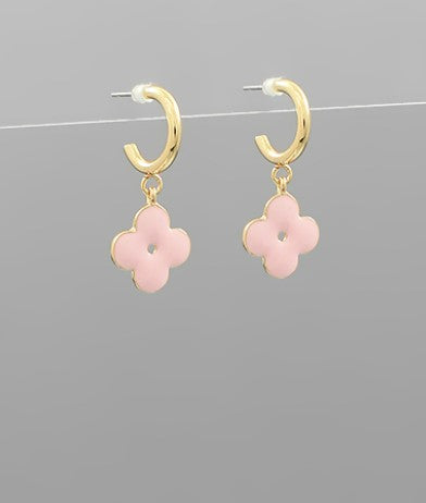 Epoxy Floral Dangle Hoops - Pink