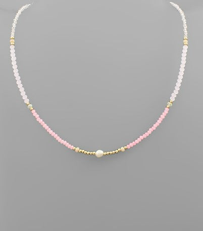 Glass Beads Pearl Necklace - Pink/Gold