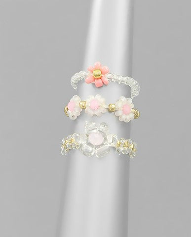 Sead Bead Ribbon Ring Set - White/Pink