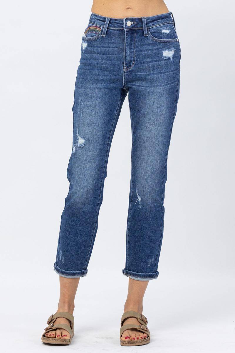 OE: Judy Blue High Rise Rainbow Embroidery Cropped Straight Leg Jeans