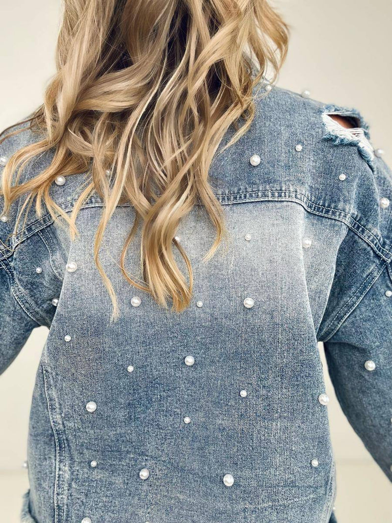 OE: Pearl Embellished Ripped Button Down Denim Jacket
