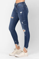 OE: Judy Blue Mid-Rise Raw Hem Destroyed Skinny Jeans