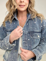 OE: Pearl Embellished Ripped Button Down Denim Jacket