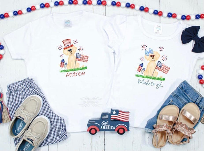 Puppy Dog & Red | White | Blue Firework Name Tees