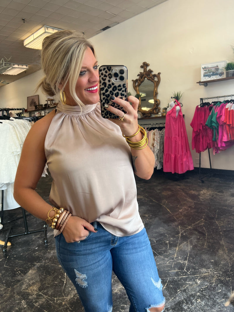 Eye on You Solid Mock Neck Sleeveless Top - Taupe