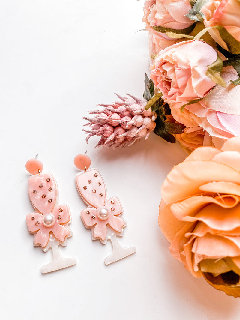 Champange Glass & Bows Earrings - pink