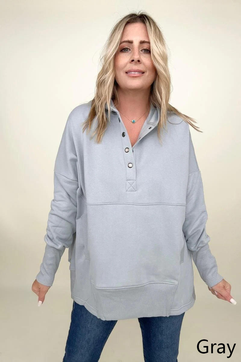 OE: Batwing Sleeve Buttoned Hoodie with Pockets