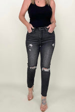 OE: Risen High Rise Slim Straight Cropped Raw Hem Jeans