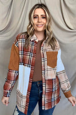 OE: Plaid Color Block Patchwork Shacket With Pocket